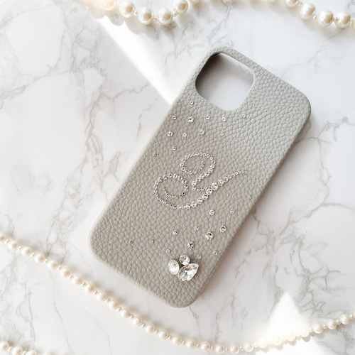 iPhone16ケース スワロフスキー Phone16,15,14他イニシャルビジュースワロフスキーデコレーション