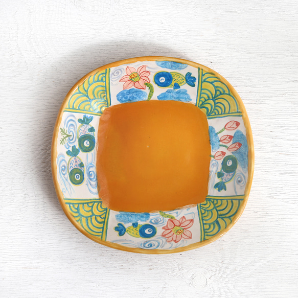 睡蓮藍金魚彩色方盤（橘釉） 第1張的照片