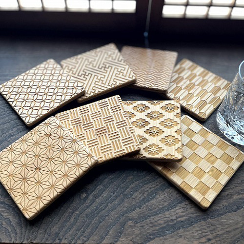 竹製コースター 席札 贈答品に最適な和柄 （名入れサービス有