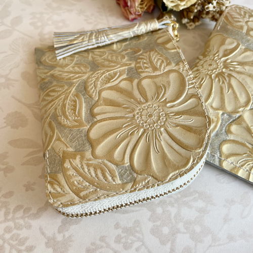 L字ファスナー コンパクト ミニ財布 姫路レザー ✦ボタニカル柄 型押し  