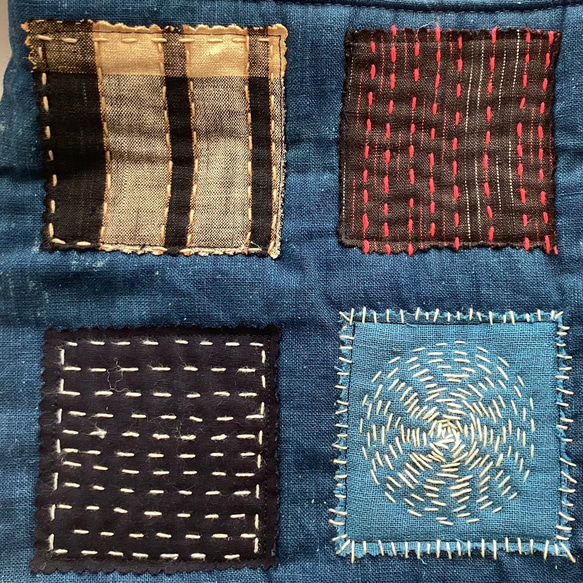 藍　四角に刺し子のショルダーバッグ 