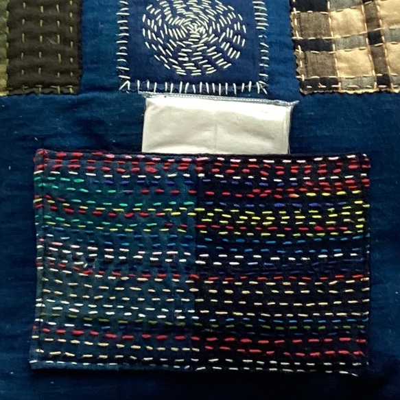 藍　四角に刺し子のショルダーバッグ 