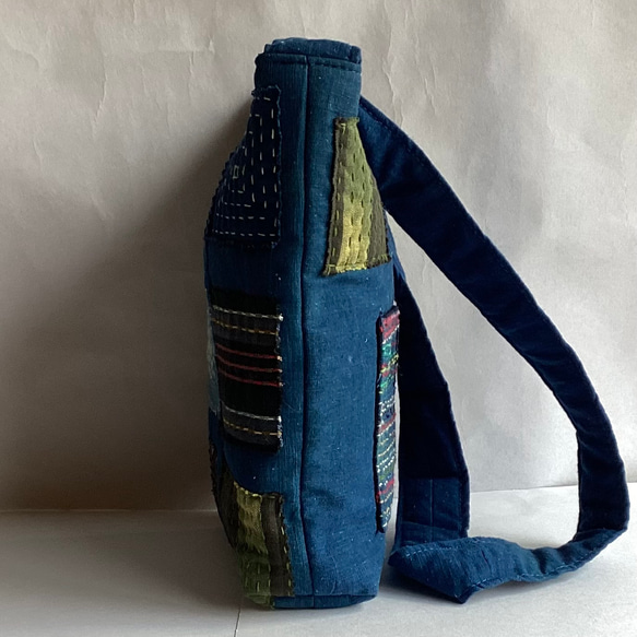 藍　四角に刺し子のショルダーバッグ 