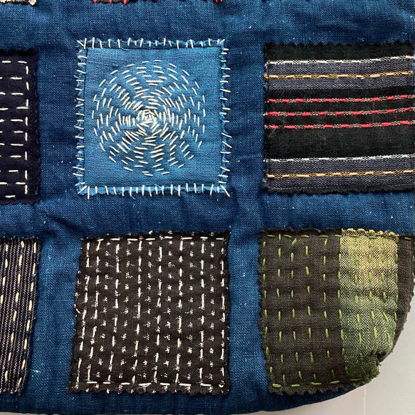 藍　四角に刺し子のショルダーバッグ 