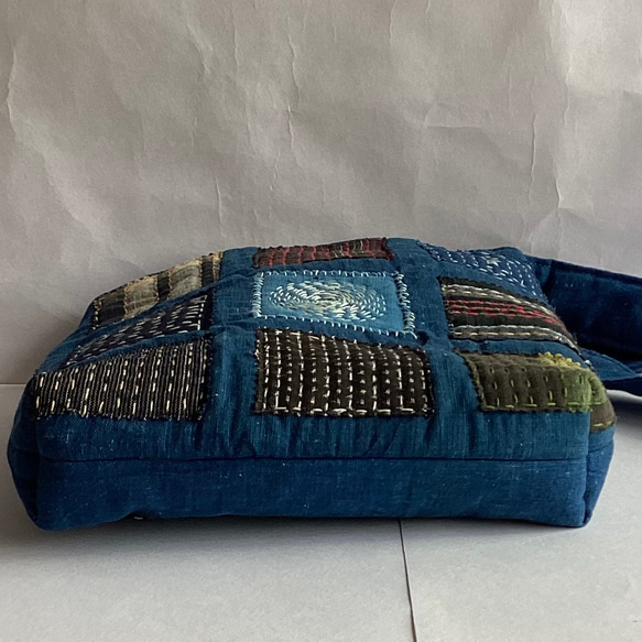 藍　四角に刺し子のショルダーバッグ 