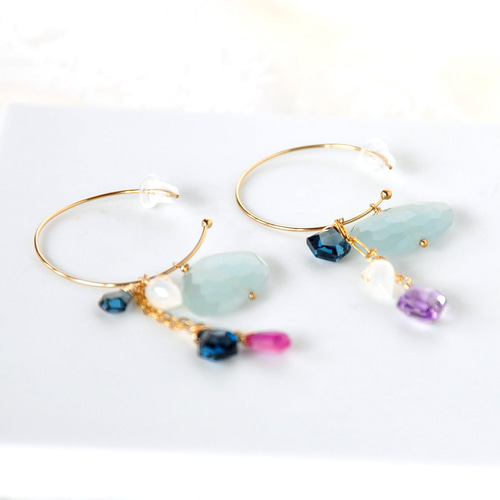 14kgf/ミルキーアクアマリンxロンドンブルートパーズxルビー3WAYフープ