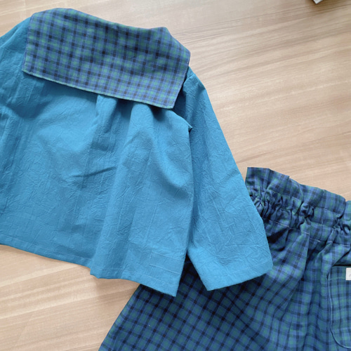 ブルーとファミリアチェックのお洋服上下セット【セーラカラー
