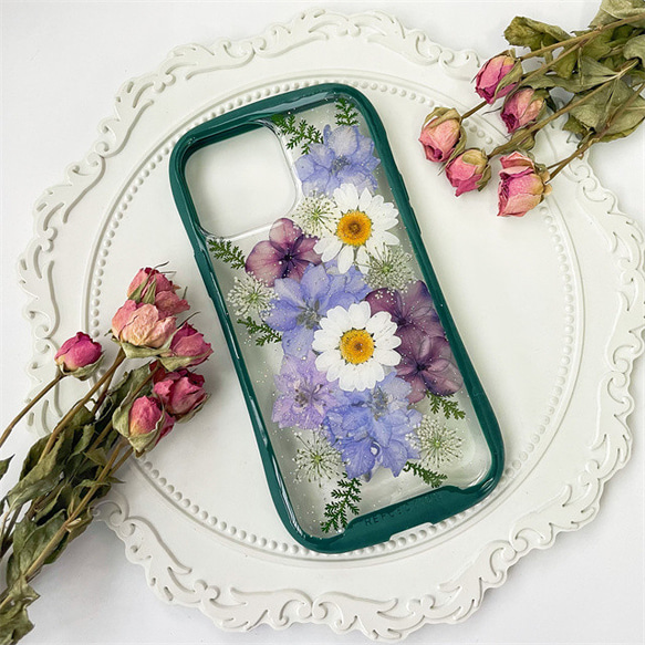 紫陽花、iFace風押し花スマホケース、iPhoneのみ対応、手帳型、iPhone15、iPhone15Pro 3枚目の画像