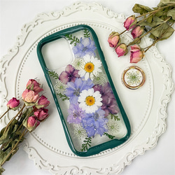 紫陽花、iFace風押し花スマホケース、iPhoneのみ対応、手帳型、iPhone15、iPhone15Pro 1枚目の画像