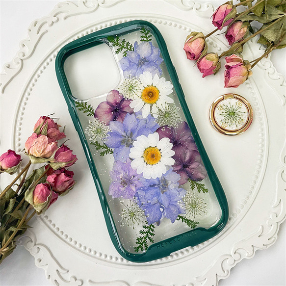紫陽花、iFace風押し花スマホケース、iPhoneのみ対応、手帳型、iPhone15、iPhone15Pro 2枚目の画像