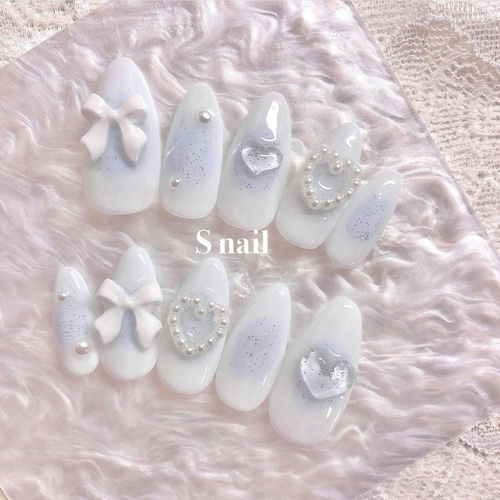 ネイルチップ 水色 青 ブルー チークネイル リボン パール ハート  