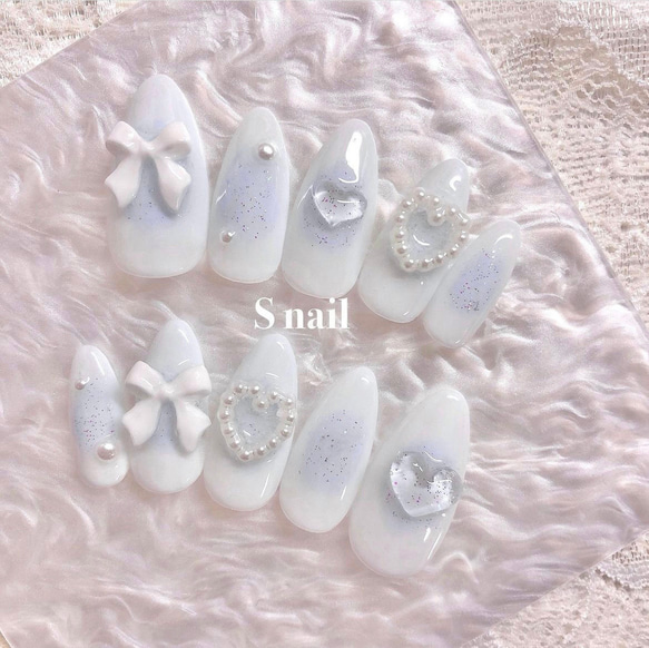 ♡リボンとハートのブルーネイル♡ ネイルチップ　ハンドメイド ♡リボンとハートのブルーネイル♡ ネイルチップ ハンドメイド