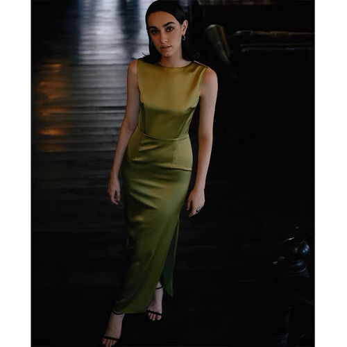 シンプルパーティドレス 演奏会 マスタードグリーン ドレス ウララ  