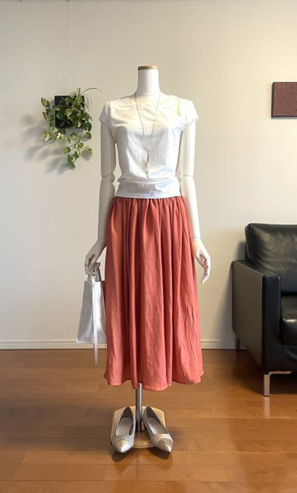 【完成品】5号 ロングギャザースカート(サーモンピンク 74cm丈） 3枚目の画像