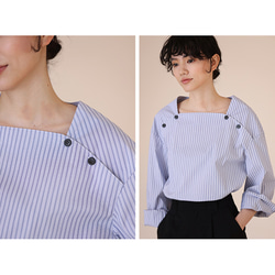 ストライプシャツ　フランス風長袖シャツ　可愛い方形襟　S-XL#181 5枚目の画像