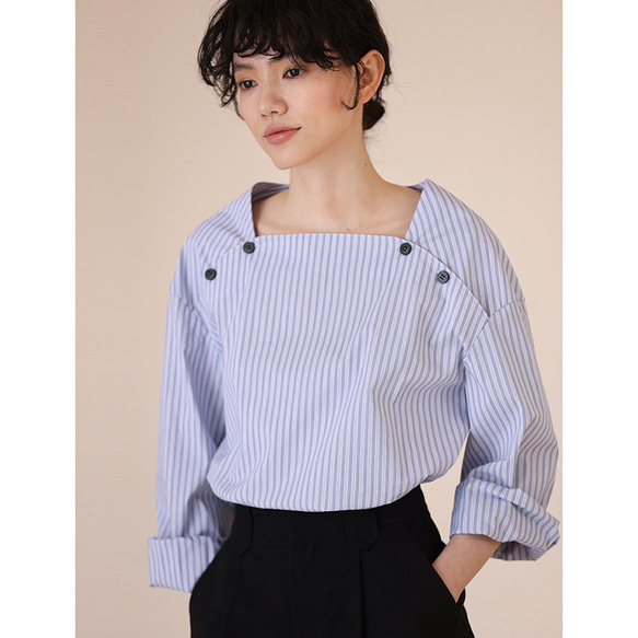 ストライプシャツ　フランス風長袖シャツ　可愛い方形襟　S-XL#181 1枚目の画像