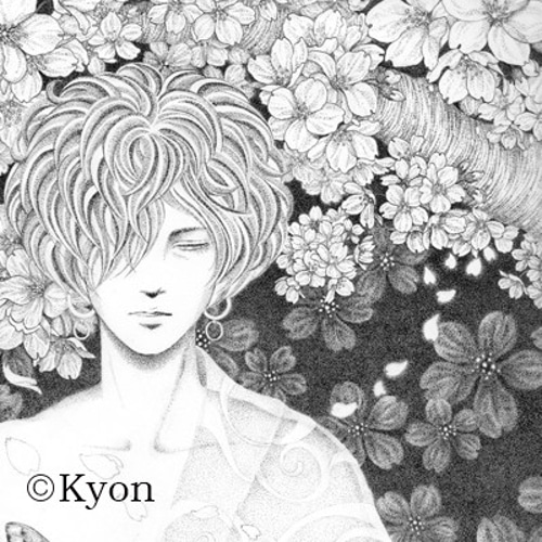 桜 点描画 ポストカード 「In the flowers 桜」 イラスト Kyon