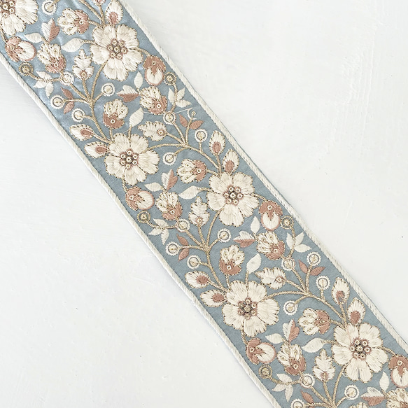 [ 177 ] インド刺繍 リボン 水色 花柄 幅:8.5cm 5枚目の画像