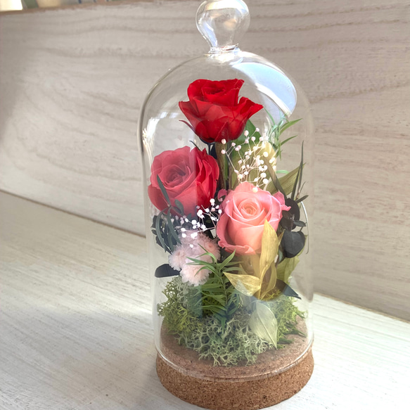 誕生日プレゼント プリザーブドフラワー ガラスドーム アレンジメント 結婚祝い 花 ギフト 女性 母●コルクドームM 3枚目の画像