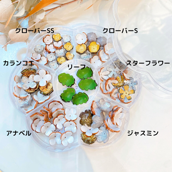 【限定数クリアフラワーケース入り】6種小花＆葉っぱのパーツセット(ホワイト) 2枚目の画像