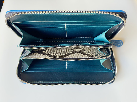 スモールクロコダイル　ポロサス　本藍染　浅葱色　ラウンドファスナーウォレット【BONIN Leather】 4枚目の画像