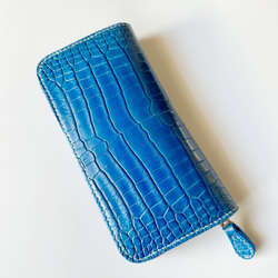 スモールクロコダイル　ポロサス　本藍染　浅葱色　ラウンドファスナーウォレット【BONIN Leather】 2枚目の画像