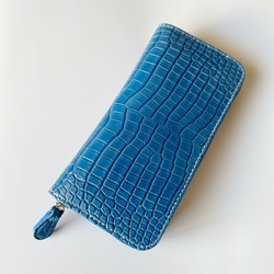 スモールクロコダイル　ポロサス　本藍染　浅葱色　ラウンドファスナーウォレット【BONIN Leather】 1枚目の画像