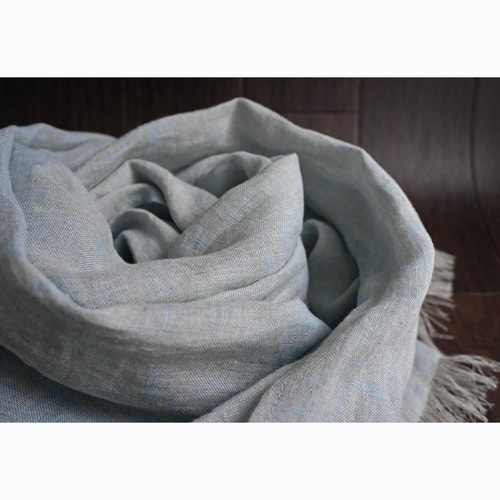 リネンのストール 秋冬 上質リネンのストール フロスティブルー×亜麻色 水色