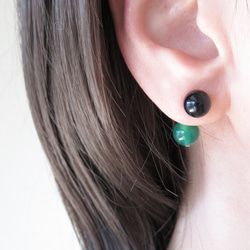 2way 凛とした美しさ グリーンオニキス＆ブラック サージカルステンレス バックキャッチ シルバー ピアス 4枚目の画像