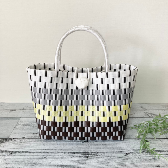 プラかごバッグ マルチボーダー柄 Mサイズ イエロー系 プラカゴ pp