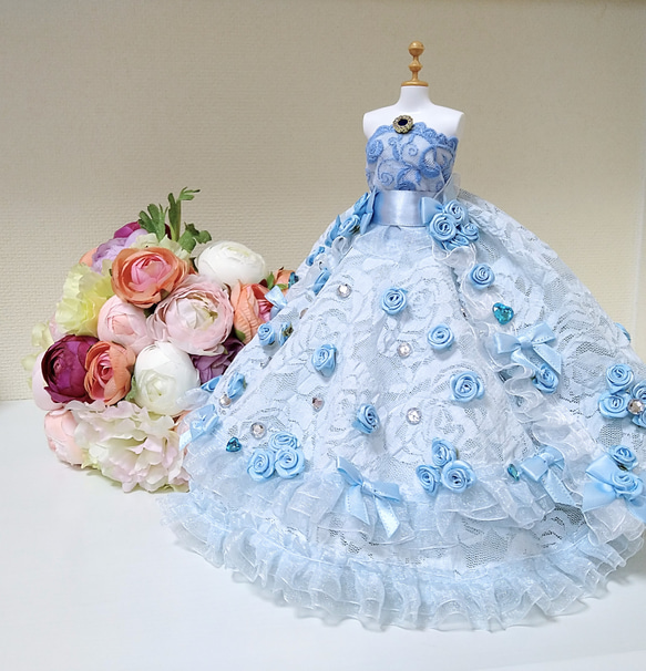 146一点物ミニチュアウエディングドレス☆姫系水色薔薇ロング 146一点物ミニチュアウエディングドレス☆姫系水色薔薇ロング