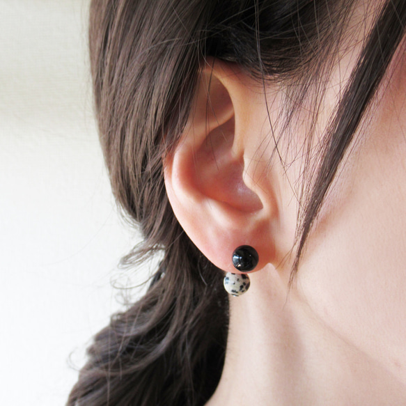 2way 天然石 ダルメシアンジャスパー オニキス バックキャッチ サージカルステンレス  シルバー ピアス 2枚目の画像