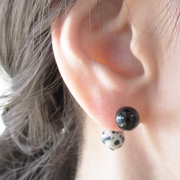 2way 天然石 ダルメシアンジャスパー オニキス バックキャッチ サージカルステンレス  シルバー ピアス 4枚目の画像