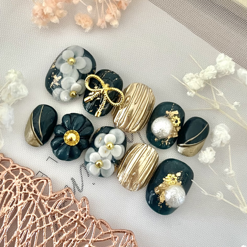 振袖ネイル◇サイズオーダー◇色変更可◇深緑/緑ネイル/ぷっくり  