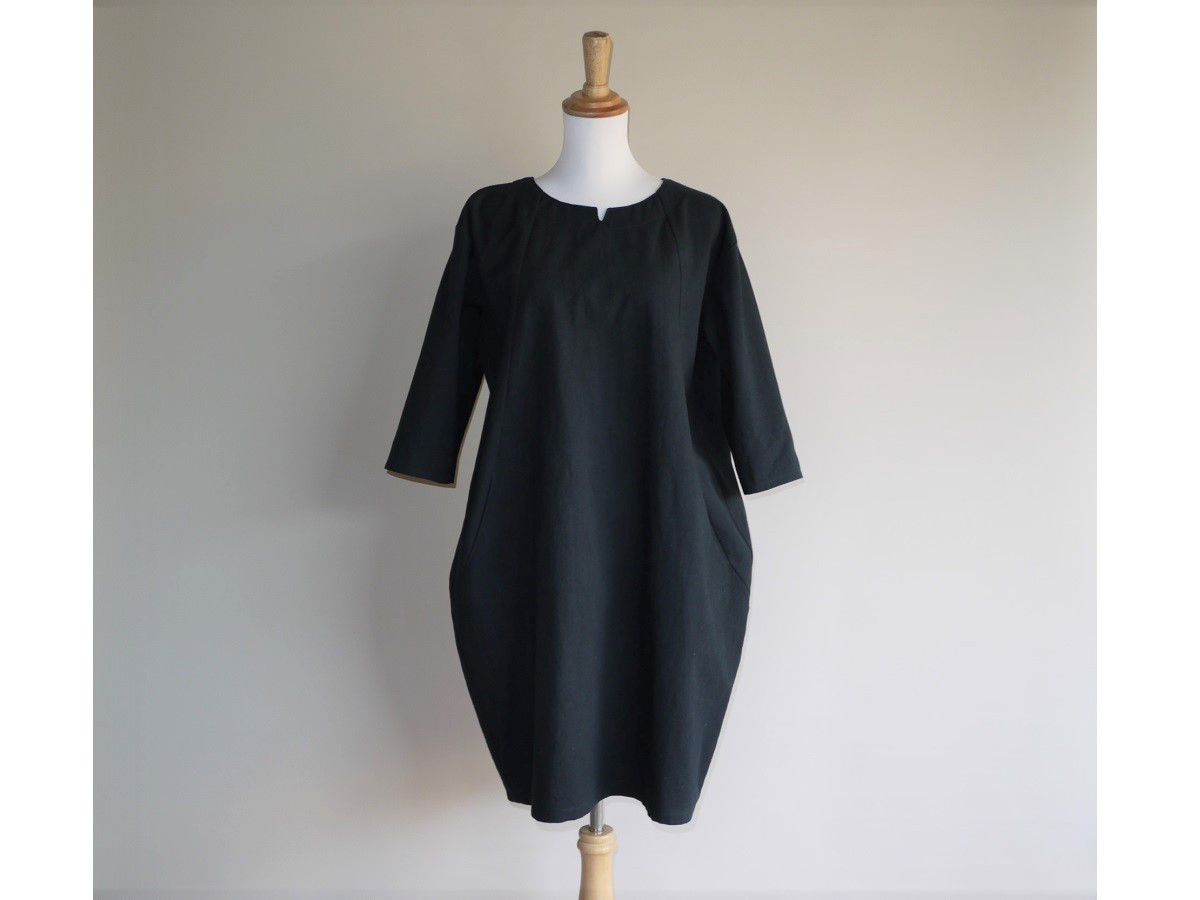 サックワンピース　七分袖◇黒【やわらかコットンリネン】◇S・M・Ⅼ・LL