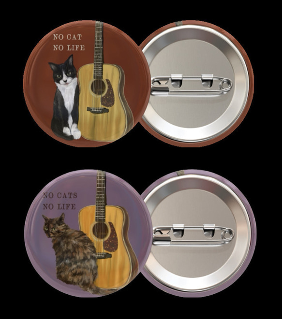 bonvoroid 猫とギター NO CAT NO LIFE 缶バッジ38mm 1枚目の画像
