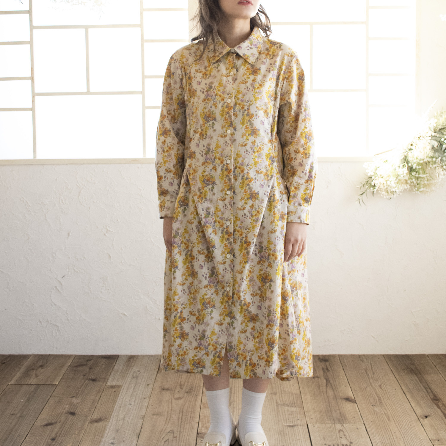 送料無料【完全一点物】タックポケットワンピース(イエローフラワー)
