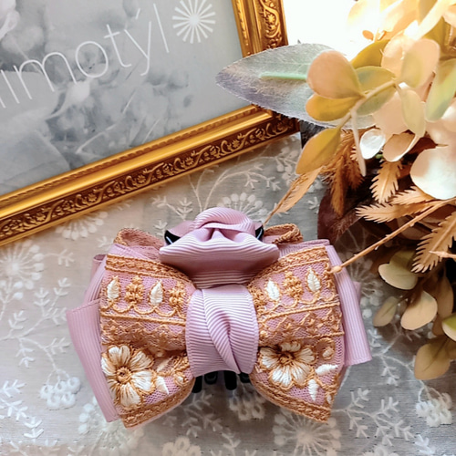 インド刺繍リボン　ポニーフック　ヘアカフ　くすみピンク　ブレード インド刺繍リボン ポニーフック ヘアカフ くすみピンク ブレード