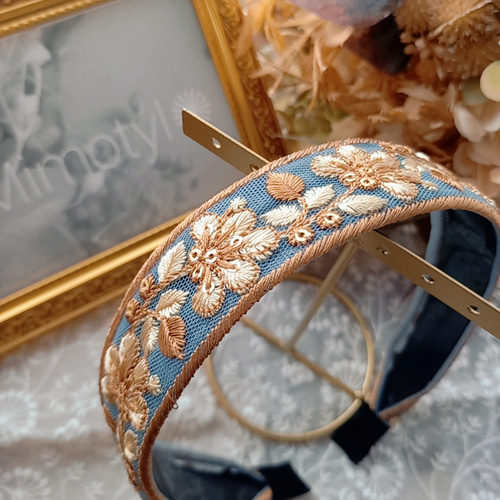 ブルー スパンコール×フラワー インド刺繍リボン カチューシャ  