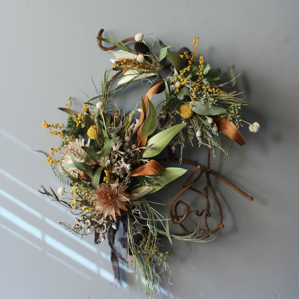 237【ドライフラワー変形リース】ミモザ、プルモサス、個性的 ドライ