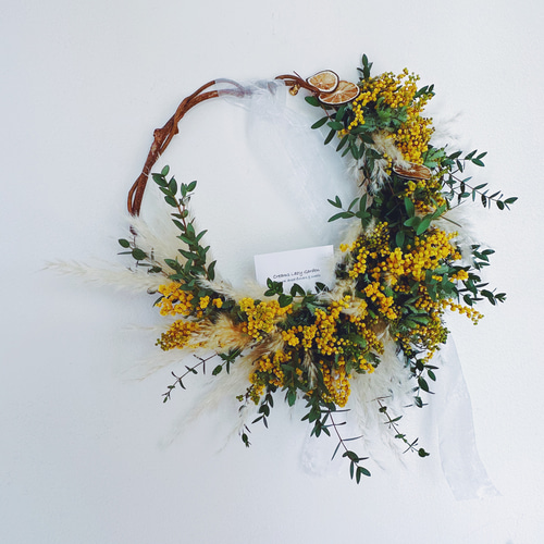 パンパスグラスとミモザのふあふあリース ミモザとパンパスグラスのふわふわリース 〜ドライフラワー
