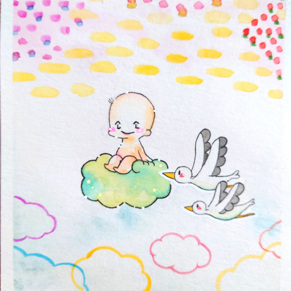 水彩画　「コウノトリさんたちと」原画　妊活を支える子宝アート 2枚目の画像