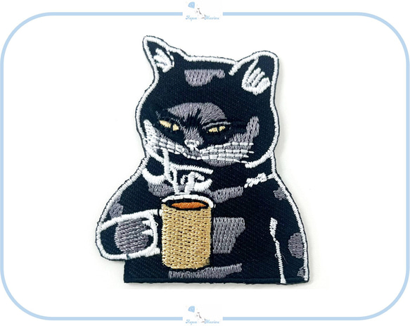 ES80 アップリケ 刺繍 デザイン 黒猫 コーヒー 黒ネコ 珈琲 ハンドメイド 海外 アイロン ワッペン 材料 素材 1枚目の画像