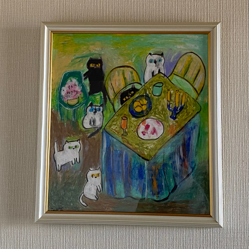 絵画。原画【ワイン好きの熊】 （絵画 。壁掛け絵手描き【猫たち