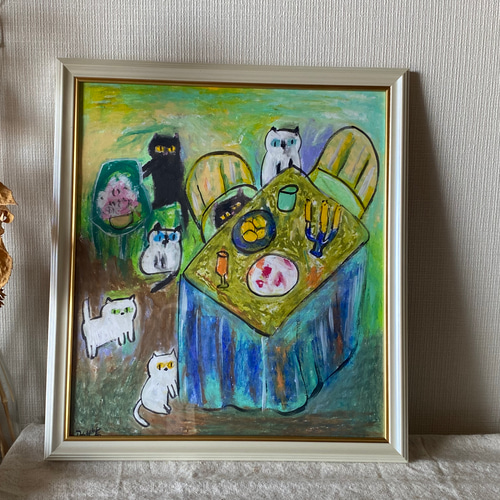 絵画 。壁掛け絵原画手描き【美しい月夜、猫たちとフクロウのデート】 絵画 。壁掛け絵原画手描き【美しい月夜、猫たちとフクロウの