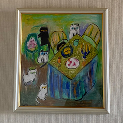 絵画 。壁掛け絵手描き【猫たちのデートの中で素敵なこと】 絵画