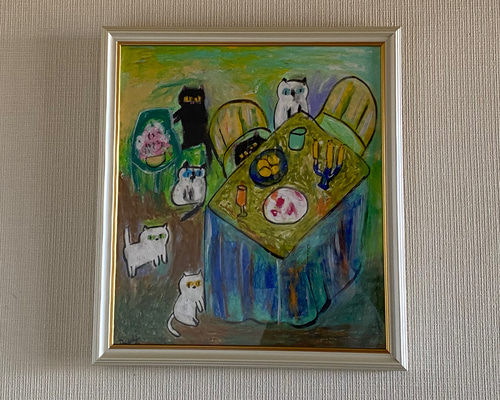 絵画 。壁掛け絵手描き【猫たちのデートの中で素敵なこと】 絵画