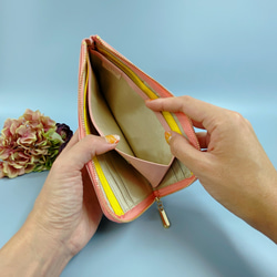 薄くて軽くて大容量なL字長財布 14枚カードポケット　ラム革 桜ピンク 日本製 3枚目の画像
