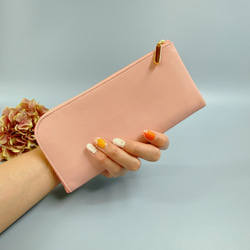 薄くて軽くて大容量なL字長財布 14枚カードポケット　ラム革 桜ピンク 日本製 5枚目の画像