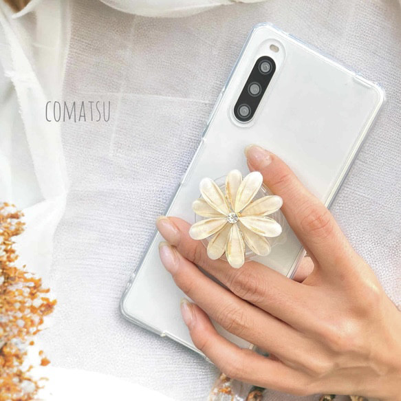 [相容於所有型號] Crystal Flower Grip 智慧型手機保護殼，附支架。防止從手指上掉落。時尚的柔軟智慧型手機保護 第1張的照片